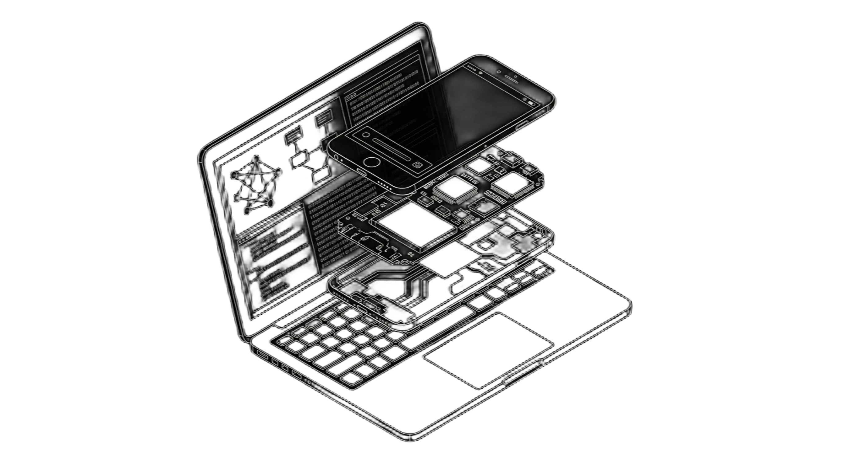 Notebook aberto com celular em camadas em estilo técnico